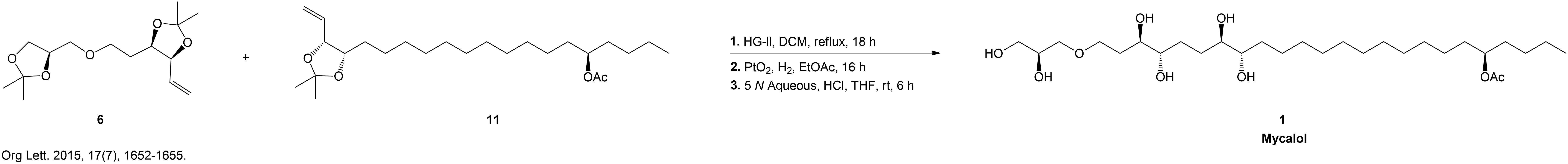 The synthesis of Mycalol involved Fragments A and B (6 and 11) undergoing several other reactions to form the proposed structure of Mycalol. The proposed structure was revised based on detailed NMR analysis, changing the position of the acetate group and the stereochemistry of the glycerol unit.