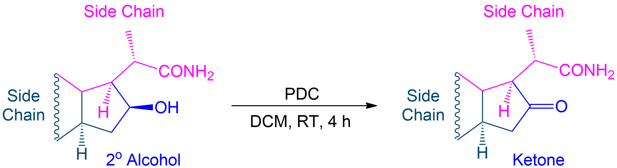 In Corey Schmidt oxidation of secondary alcohols, the colored side chains represent R groups that remain unchanged during the reaction. The alcohol group is selectively oxidized to form a ketone. For educational purposes,parts of the molecule are assigned and used as placeholders to demonstrate the reaction. Students! Please use parts of the molecule as placeholders: R¹ can be one part of the molecule on one side of the molecule and R² can be the remainder of the full molecule (except the secondary alcohol and the first side chain of course). This allows for easy reconstruction of the molecule after oxidation, to visually see the selective nature of the reaction.