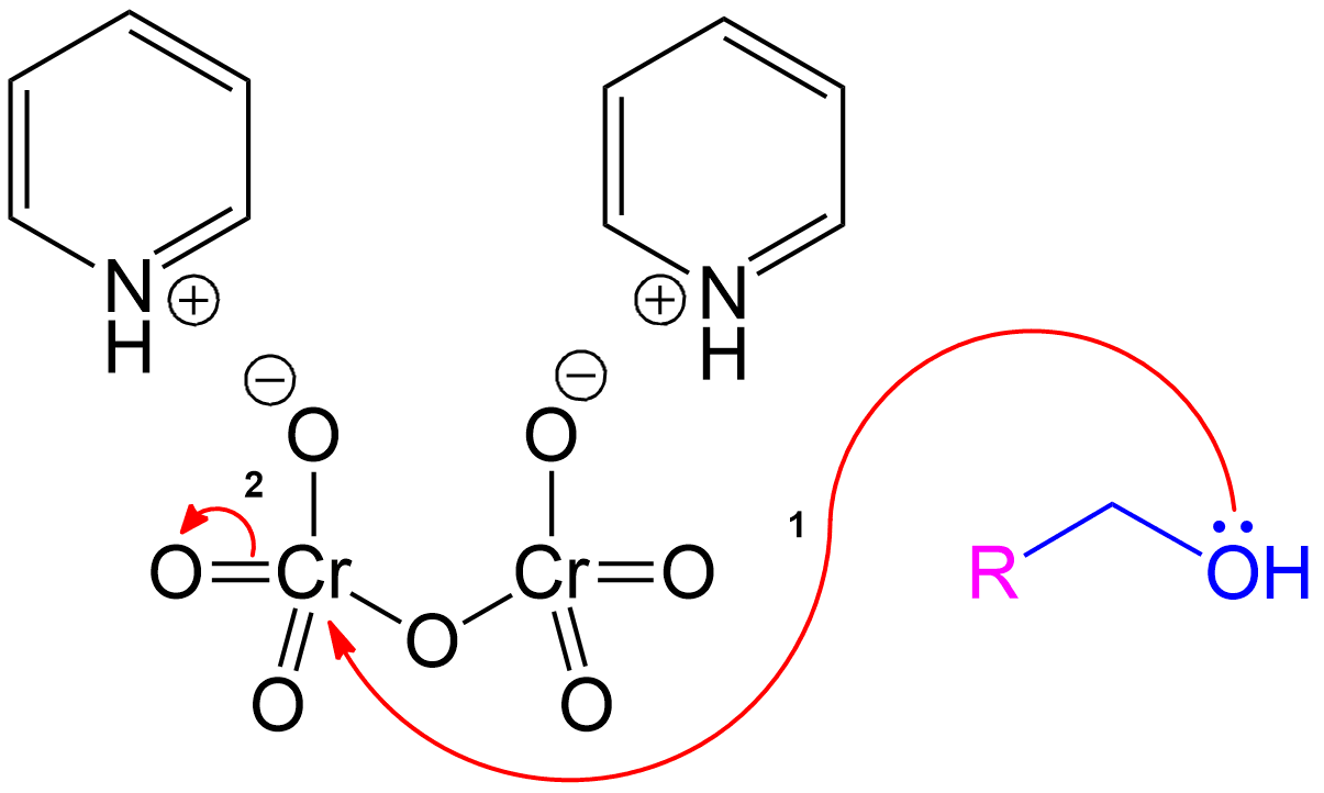 Alcohol group (-OH) performs a nucleophilic attack on the chromium center of Pyridinium dichromate molecule, forming a complex with the chromium.