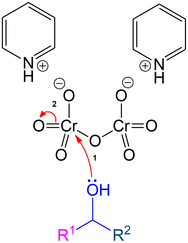 Alcohol group (-OH) performs a nucleophilic attack on the chromium center of Pyridinium dichromate molecule, forming a complex with the chromium.