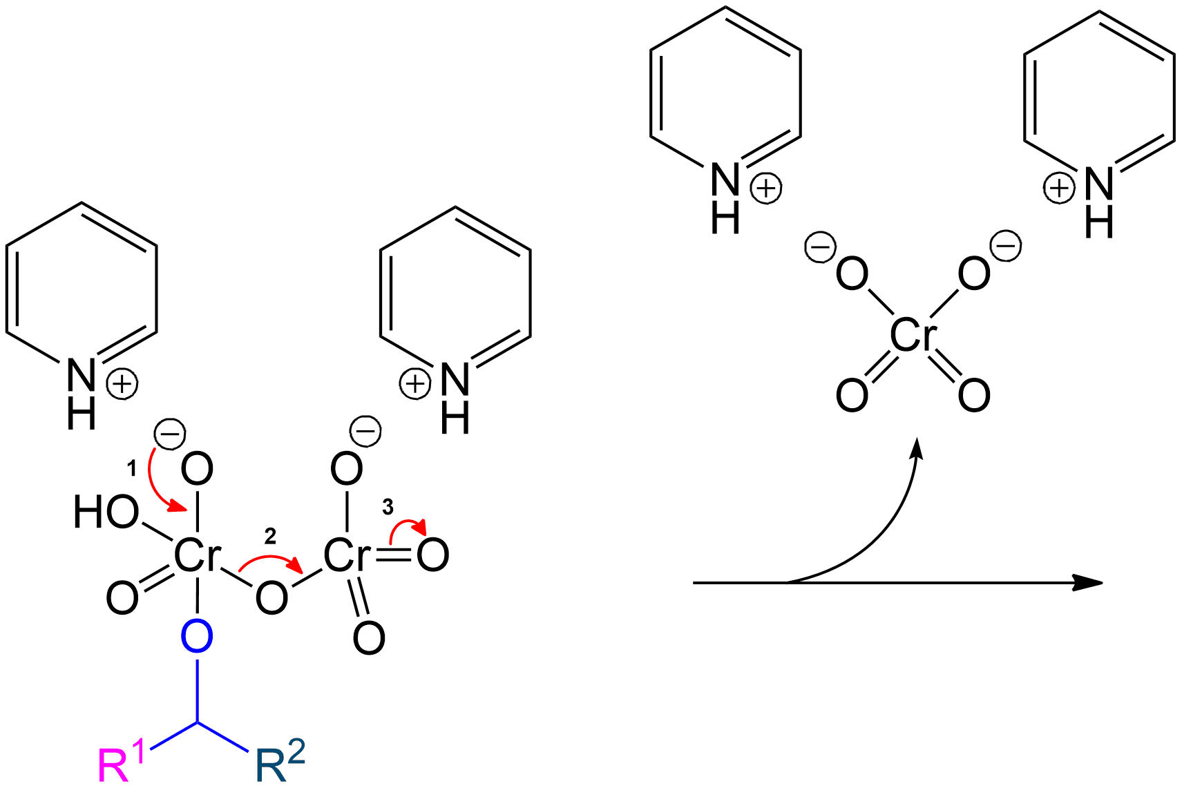 Subsequent protonation leads to atom rearrangement along with the elimination of chromic acid derivative.