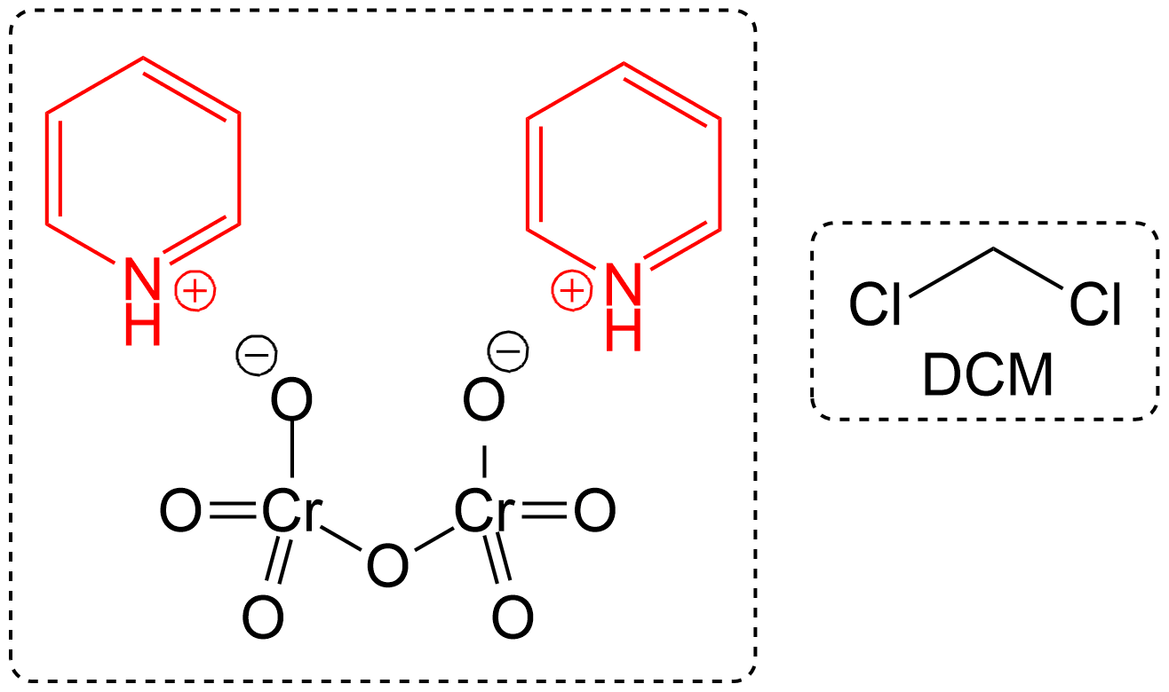 The image illustrates the pyridinium ions in red and the dichromate ion in the regular theme color (black or white).