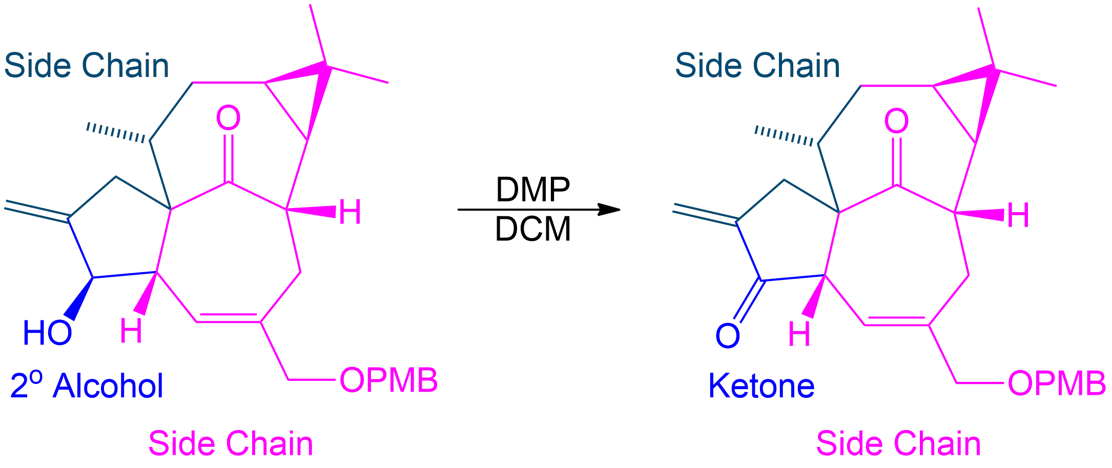 In Dess-Martin oxidation of secondary alcohols, the colored side chains represent R groups that remain unchanged during the reaction. The alcohol group is selectively oxidized to form a ketone. For educational purposes,parts of the molecule are assigned and used as placeholders to demonstrate the reaction. Students! Please use parts of the molecule as placeholders: R¹ can be one part of the molecule on one side of the molecule and R² can be the remainder of the full molecule (except the secondary alcohol and the first side chain of course). This allows for easy reconstruction of the molecule after oxidation, to visually see the selective nature of the reaction.