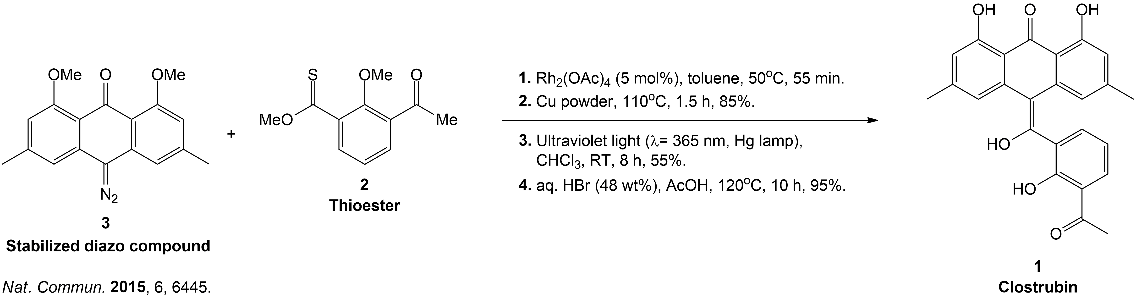 The completion of the clostrubin (1) synthesis using a stabilized diazo compound and a thioester with several conditions. This caused the formation of a metal-carbenoid intermediate, which was reduced to an episulfide intermediate to a tetrasubstituted olefin, followed by ultraviolet light-induced electrocyclization and final global deprotection, which yielded the desired natural product efficiently.