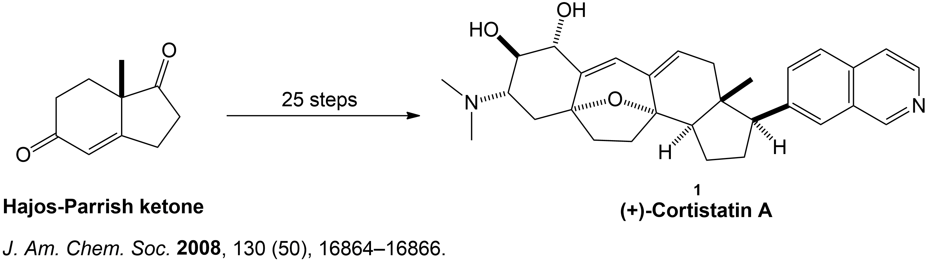 The overall synthesis of (+)-Cortistatin A started with an enantiomerically pure Hajos-Parrish ketone undergoing key reactions such as diastereoselective hydrogenation, Rubottom oxidation, the Dess-Martin oxidation and other types of reactions to eventually form the target compound (+)-Cortistatin A. This occurs over a 26 step synthesis pathway.