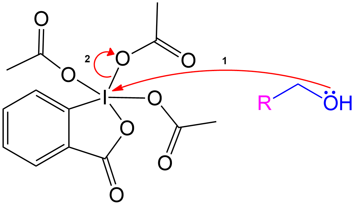 Alcohol group (-OH) performs a nucleophilic attack on the iodine center of the DMP molecule, forming a complex with the iodine. Acetoxy group is expelled and acts as a good leaving group that leaves with an extra electron pair.