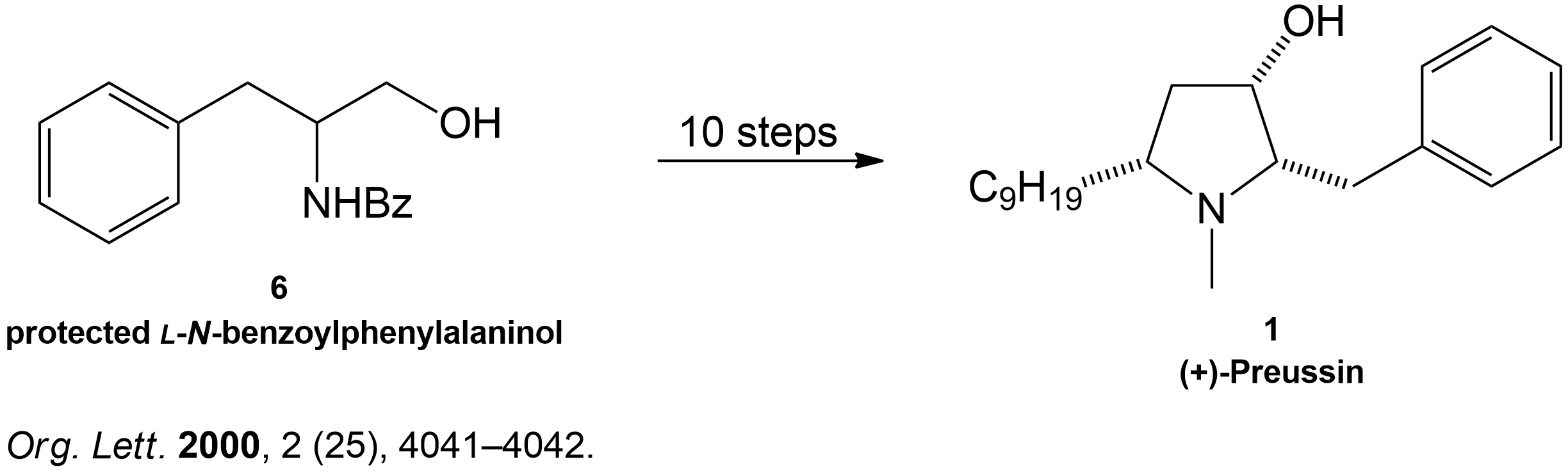 Scheme for the enantioselective total synthesis of (+)-Preussin (1) from protected L-N-benzoylphenylalaninol (6) over 10 steps.