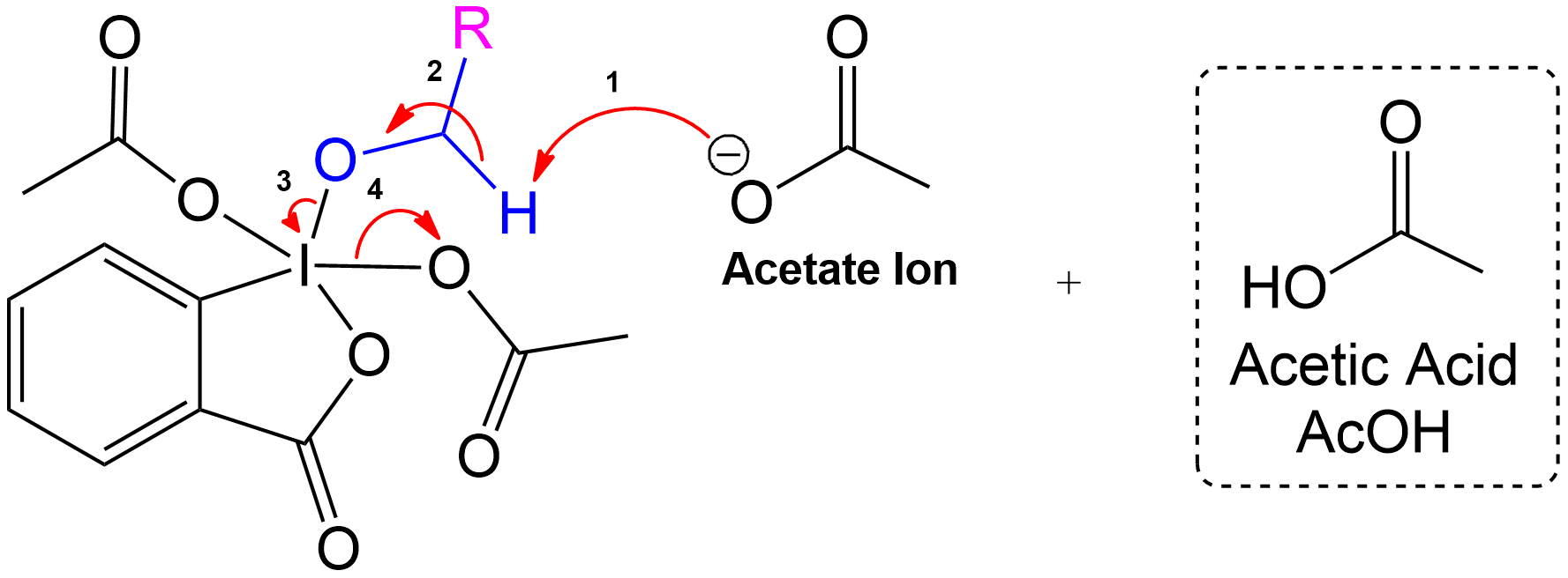 Acetic acid is recovered, and the intermediate undergoes proton transfer initiated by another acetate ion to form the aldehyde product.