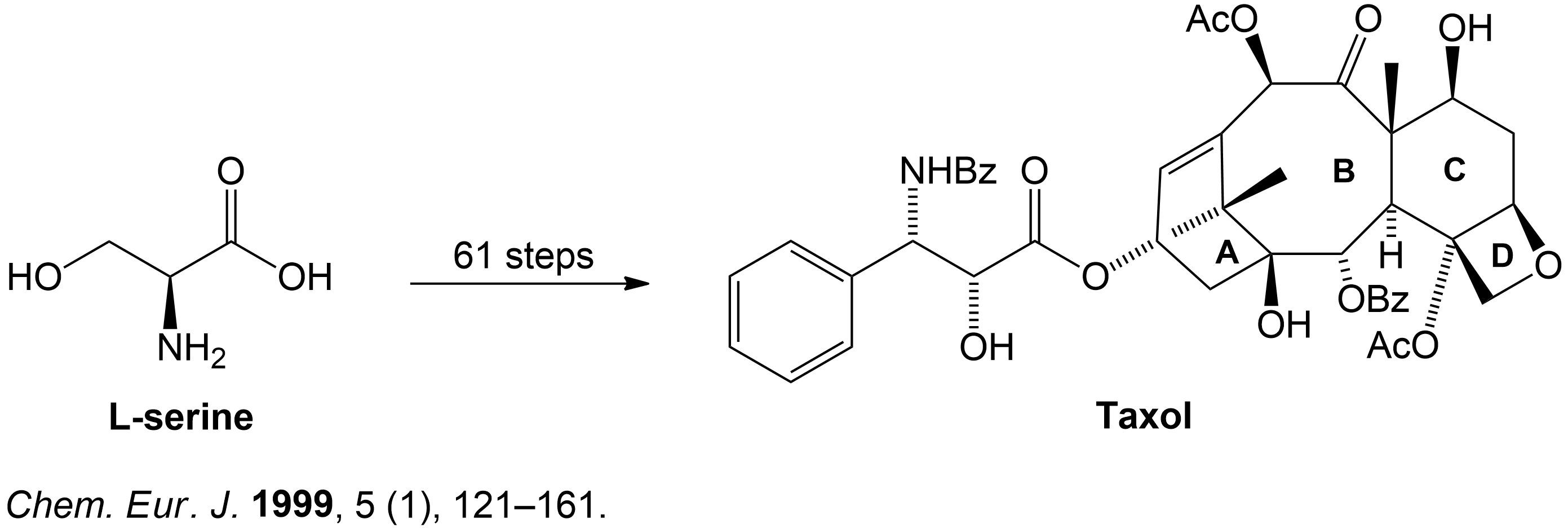 This 61 step linear synthesis features Swern Oxidation for a total of 4 steps out of 61 steps. L-serine is the starting material and undergoes 61 stpes to form Taxol.