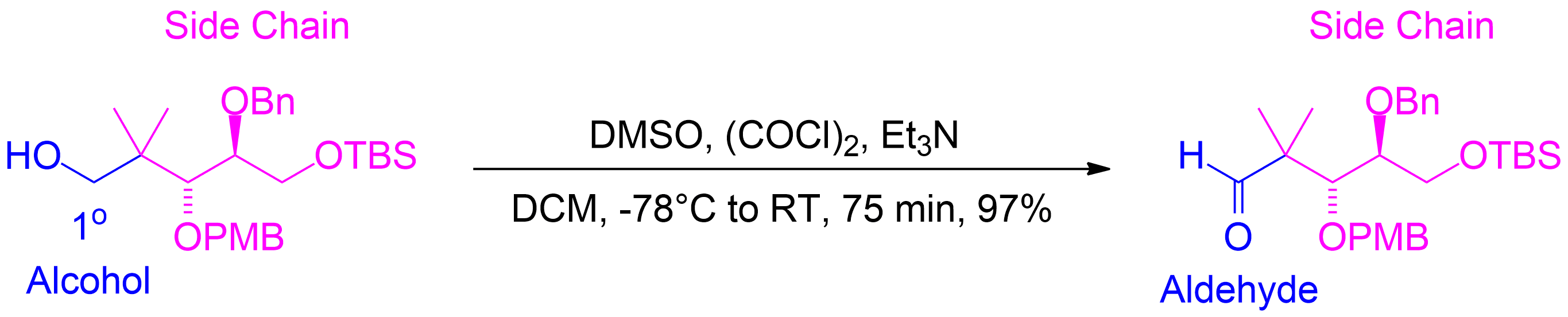 In the Swern oxidation of primary alcohols, the process involves assigning one side chain (R) to understand the reaction better. The colored side chain represents an R group that remains unchanged during the reaction. The alcohol group is selectively oxidized to form an aldehyde. For educational purposes, we conceptually assign the non-alcohol group as R (Side chain) to visualize the changes and reconstruct the molecule post-reaction.